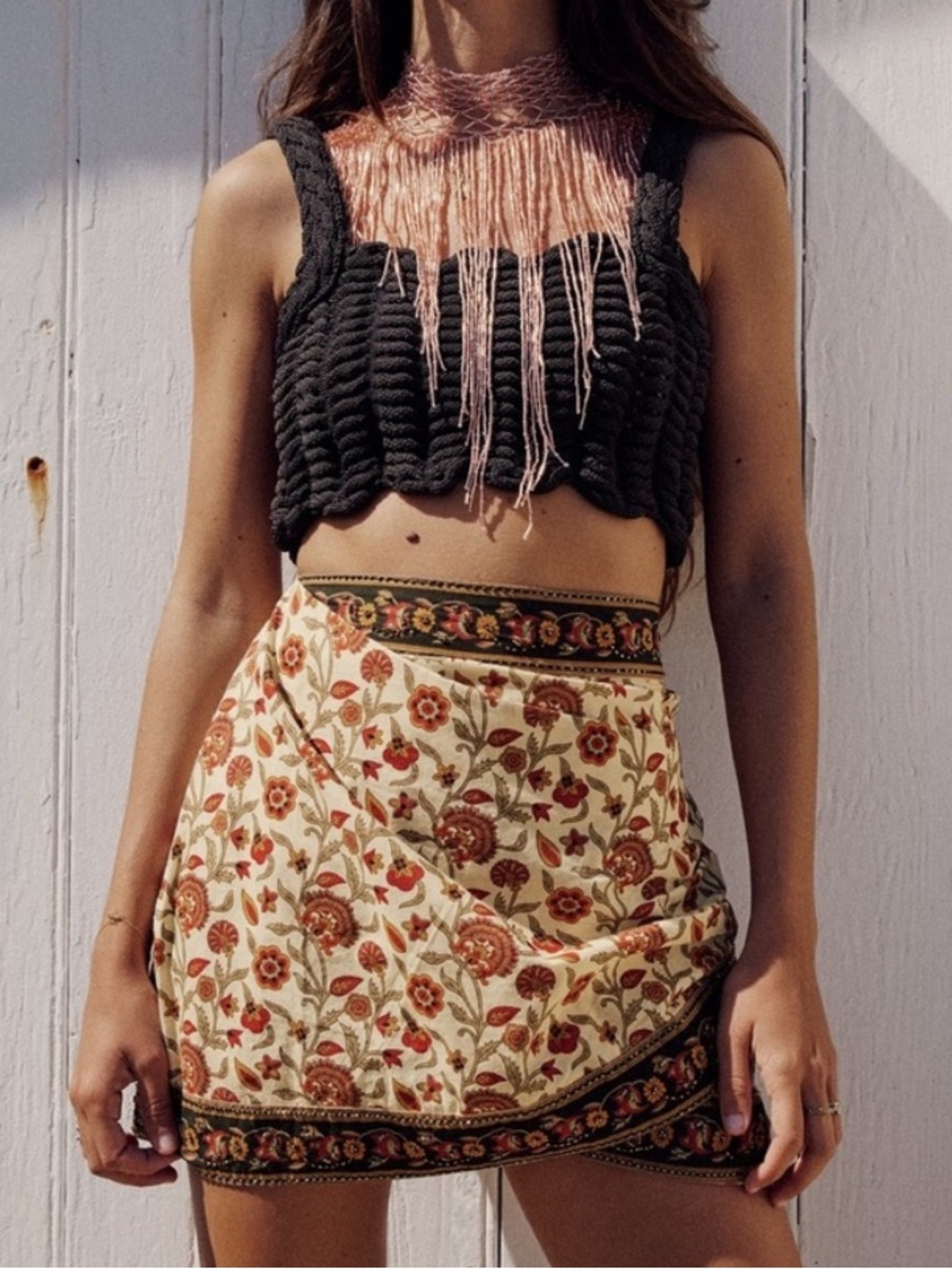 Zara Beaded Floral Tulip Mini Skirt in Cream & Red XS / S NWT